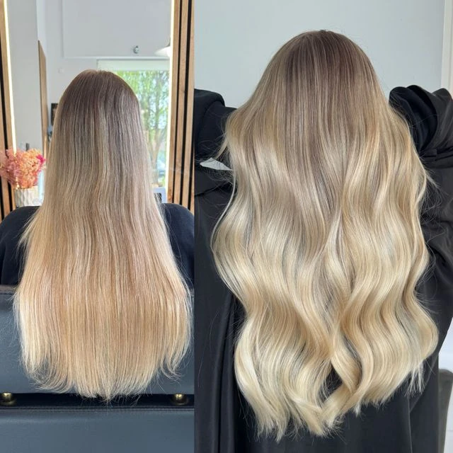 Blond włosy przed zabiegiem oraz dłuższe, gęste fale po przedłużaniu, widok od tyłu.