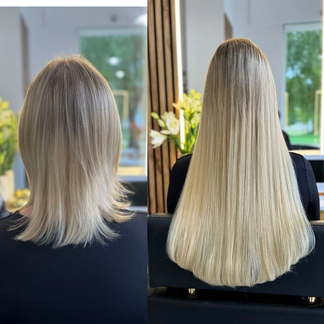 Blond metamorfoza przed i po, krótsze pasma z ciemniejszą nasadą oraz długie, jasne włosy.