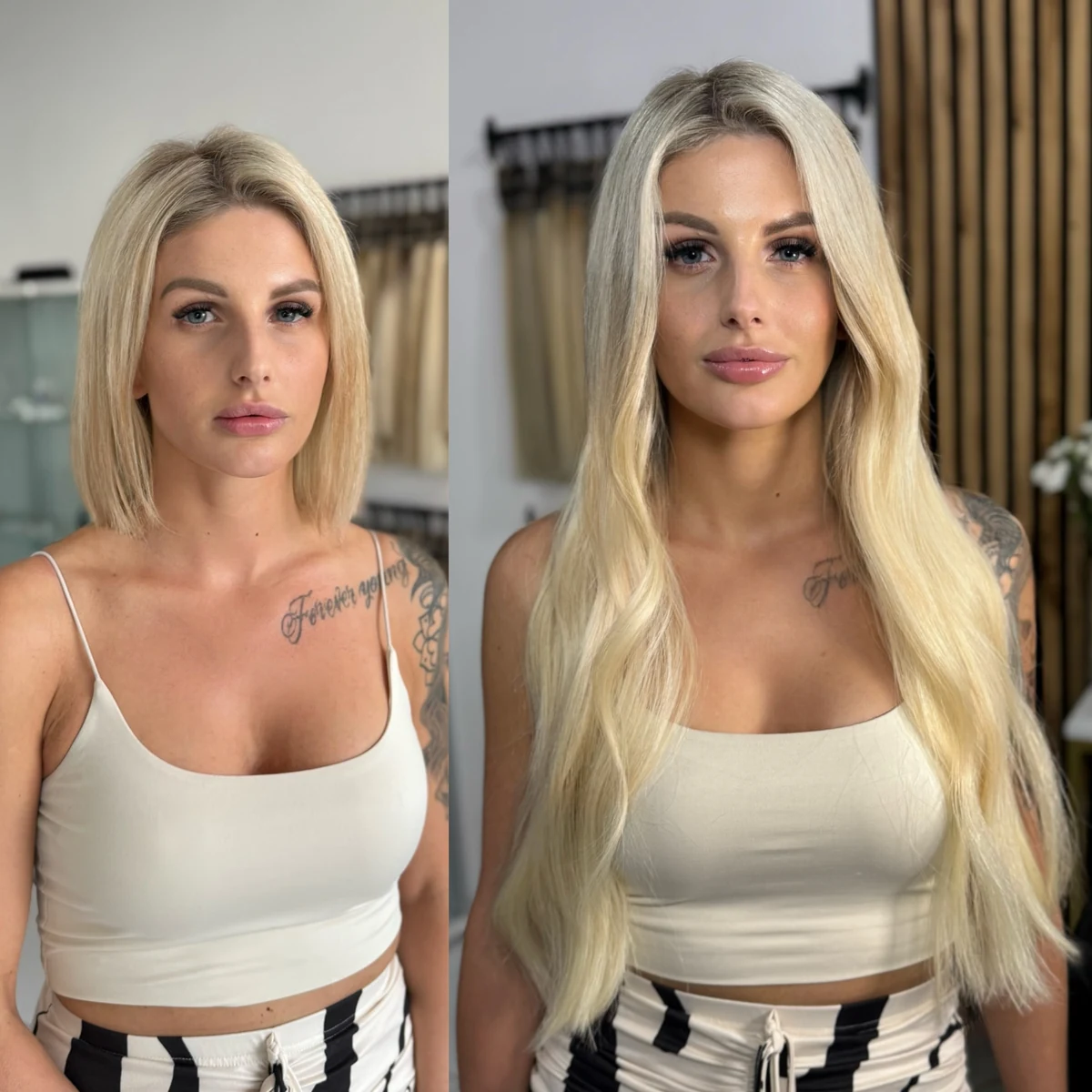 Porównanie przed i po: blond bob oraz długie, proste włosy u klientki w jasnym topie.