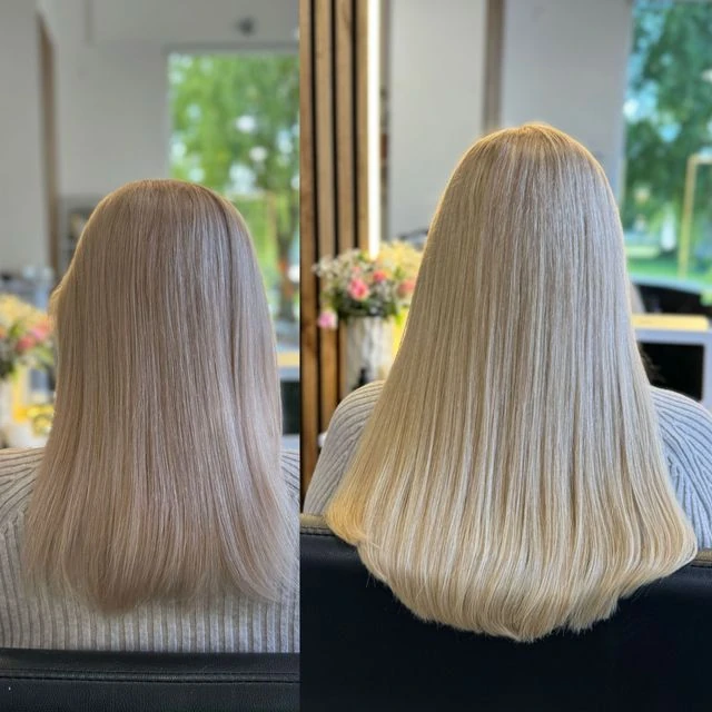 Porównanie koloru przed i po: ciemniejszy blond oraz jasne, chłodne, proste pasma.