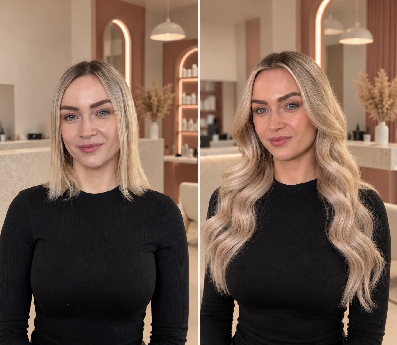 Porównanie przed i po: jasny blond bob oraz długie, miękkie fale z ciemniejszą nasadą u klientki w czarnej bluzce.