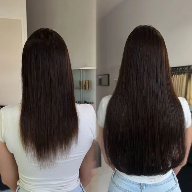 Ciemne włosy przed i po przedłużaniu i zagęszczaniu, efekt pracy Muse Hair